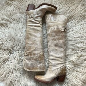 Frye Jane Cuff Tan White Distressed Leather Over the Knee Heeled Boots EUC Sz 6